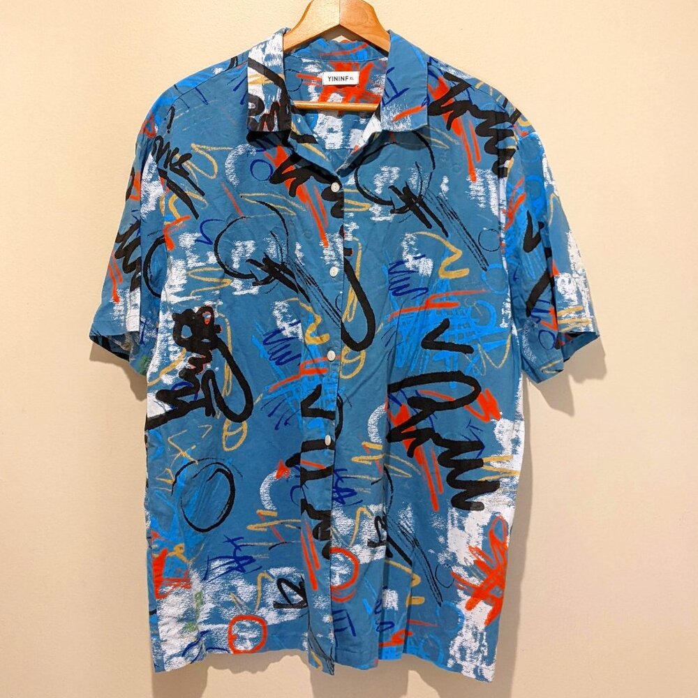 YININF Men Print Streetwear Hip Hop Short Sleeve Button Down Beach Shirt XL